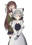  .live 2girls blush brown_hair closed_eyes gloves grey_eyes grey_hair hair_ornament hair_over_one_eye headband highres looking_at_viewer maid maid_headdress multiple_girls rascala39 school_uniform simple_background virtual_youtuber white_background yaezawa_natori 