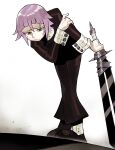  1other absurdres black_footwear crona_(soul_eater) crying hair_between_eyes highres holding holding_sword holding_weapon purple_hair ragnarok_(demon_sword) shiny shiny_hair short_hair solo soul_eater spikes standing sword tears toot violet_eyes weapon wrist_cuffs 
