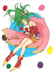  akmegu animal_hug ankle_boots big_nose blush_stickers boots cape claireroses clown_nose colorized commentary dress elbow_gloves english_commentary final_fantasy final_fantasy_vi gloves green_eyes green_hair green_pupils high_heel_boots high_heels highres knees_together_feet_apart looking_at_viewer moogle neutral_chao parted_bangs pink_cape ponytail radio_antenna red_dress red_footwear red_nose red_sleeves short_dress strapless strapless_dress terra_branford third-party_edit tube_dress waist_sash 