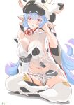  1girl absurdres animal_ears animal_print bangs bare_shoulders bikini blue_hair blush breasts cow_ears cow_girl cow_hat cow_horns cow_print detached_sleeves draph ear_piercing granblue_fantasy hat highleg highleg_bikini highres horns huge_filesize indian_style jitome large_breasts long_hair looking_at_viewer micro_shorts navel open_mouth piercing pointy_ears shatola_(granblue_fantasy) sheer_clothes short_shorts shorts sitting swimsuit thigh-highs thighs very_long_hair violet_eyes white_bikini white_shorts wide_sleeves yutayara 