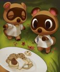  2boys animal_crossing animal_ears brothers brown_eyes closed_eyes commentary_request cookie crumbs flower food grass inkune male_focus multiple_boys mushroom plate pointing shirt siblings standing t-shirt timmy_(animal_crossing) tommy_(animal_crossing) twins walking white_shirt 