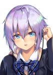  1girl blue_bow blue_eyes bow earphones earphones hair_between_eyes hand_up highres looking_at_viewer open_mouth original shimotsuki_shio short_hair silver_hair simple_background solo white_background 