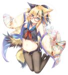  1girl :t absurdres amatsuji animal_ear_fluff animal_ears arm_up armpits bare_shoulders black_eyes black_shirt black_shorts blonde_hair blue_eyes breasts brown_legwear closed_mouth crop_top crop_top_overhang denim denim_shorts exposed_pocket feathered_wings fox_ears fox_girl fox_tail frown glasses hair_ornament hairclip hand_on_eyewear haori heterochromia highres japanese_clothes legs_up long_sleeves looking_at_viewer looking_over_eyewear low_wings micro_shorts midriff multicolored_hair navel neckerchief no_shoes off_shoulder open_clothes open_fly original pantyhose ponytail pout red-framed_eyewear sailor_collar sailor_shirt shirt short_hair shorts simple_background sleeveless sleeveless_shirt small_breasts solo stomach tail two-tone_hair v-shaped_eyebrows white_background wide_sleeves wings 