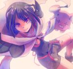  1girl aonik black_hair breasts cape closed_mouth collarbone creature gen_3_pokemon long_hair medium_breasts pokemon pokemon_(creature) pokemon_(game) pokemon_oras shorts smile upper_body violet_eyes whismur white_cape zinnia_(pokemon) 