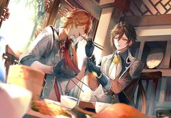  2boys bangs black_gloves black_hair blurry blurry_foreground border0715 bowl chopsticks closed_eyes eating food genshin_impact gloves hair_between_eyes highres holding holding_chopsticks indoors jacket jewelry long_hair long_sleeves male_focus mask mask_on_head multiple_boys open_mouth orange_hair plate ponytail signature single_earring tartaglia_(genshin_impact) yellow_eyes zhongli_(genshin_impact) 