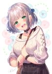  1girl :d bag bangs black_choker black_skirt blue_bow blue_flower blush bow braid breasts choker closed_mouth eyebrows_visible_through_hair floral_background flower green_eyes grey_hair hair_bow highres holding_strap hololive ittokyu looking_at_viewer medium_breasts notice_lines off-shoulder_sweater off_shoulder open_mouth pink_flower puffy_short_sleeves puffy_sleeves ribbed_sweater shirogane_noel short_sleeves shoulder_bag skirt smile solo striped striped_bow sweater virtual_youtuber white_background white_sweater 