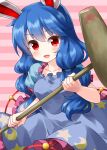  1girl animal_ears bangs blue_dress blue_hair cowboy_shot crescent_moon crescent_print dress eyebrows_visible_through_hair frilled_dress frills highres holding holding_mallet kine long_hair looking_at_viewer mallet moon open_mouth pink_background puffy_short_sleeves puffy_sleeves rabbit_ears red_eyes ruu_(tksymkw) seiran_(touhou) short_sleeves smile solo standing star_(symbol) star_print striped striped_background touhou twintails 
