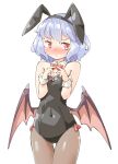  1girl alternate_costume animal_ears arnest bangs bat_wings black_legwear black_leotard blue_hair blush bow bowtie breasts bunny_tail commentary covered_navel cowboy_shot detached_collar fake_animal_ears fake_tail fingers_together frown highres leotard looking_at_viewer low_wings pantyhose parted_lips playboy_bunny purple_wings rabbit_ears red_eyes red_neckwear remilia_scarlet short_hair simple_background small_breasts solo standing strapless strapless_leotard tail thigh_gap touhou white_background wing_collar wings wrist_cuffs 