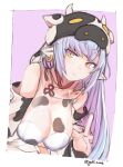  1girl animal_ears animal_print bangs bare_shoulders bikini blue_hair blush border breasts closed_mouth cow_ears cow_girl cow_hat cow_horns cow_print detached_sleeves draph ear_piercing gollizo granblue_fantasy hat horns large_breasts leaning_forward long_hair looking_at_viewer navel piercing pointy_ears purple_background shatola_(granblue_fantasy) sheer_clothes swimsuit white_bikini white_border wide_sleeves yellow_eyes 