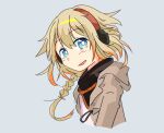  1girl blonde_hair blue_background blue_eyes braid brown_coat cevio coat commentary cropped_torso hair_flaps headphones hooded_coat long_hair looking_at_viewer one_(cevio) open_mouth smile solo upper_body yamainu_luna 