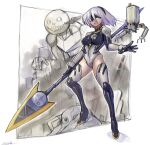  1girl adapted_costume black_gloves black_hairband breasts crossover emil_(nier) floating_hair gloves green_eyes hairband highres holding holding_lance holding_polearm holding_weapon lance leotard mecha mechanization medium_breasts mole mole_under_mouth neon_genesis_evangelion nier_(series) nier_automata oomasa_teikoku open_hand plugsuit pod_(nier_automata) polearm robot short_hair skin_tight solo_focus thigh-highs weapon white_hair yorha_no._2_type_b 