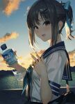  1girl bag blue_ribbon blue_serafuku blush bottle brown_eyes clouds cloudy_sky commentary_request copyright_request fingernails hair_ornament hair_ribbon hairclip highres looking_at_viewer mountainous_horizon open_mouth ribbon short_ponytail sky solo sunset water water_bottle xkirara39x 