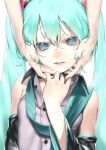  1girl aqua_eyes aqua_hair aqua_nails aqua_neckwear bare_shoulders black_sleeves blurry blurry_background blurry_eyes detached_sleeves grey_shirt hair_ornament hand_up hands hands_on_another&#039;s_cheeks hands_on_another&#039;s_face hatsune_miku highres lips long_hair looking_at_viewer nail_polish necktie out_of_frame rsk_(tbhono) shirt shoulder_tattoo tattoo twintails upper_body very_long_hair vocaloid white_background 