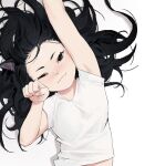  1girl :3 animal_ears armpit_peek black_eyes black_hair blush cat_ears closed_mouth dongho_kang flat_chest highres long_hair looking_at_viewer lying messy_hair on_back one_eye_closed original paw_pose reaching_out shirt short_sleeves smile solo symbol_commentary upper_body white_shirt 