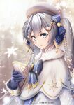  1girl blue_bow blue_gloves blue_neckwear blue_tabard blurry bokeh book bow bowtie capelet christmas_lights commentary crypton_future_media depth_of_field dress english_commentary fur-trimmed_capelet fur_trim gloves gold_trim hair_bow hair_ornament hatsune_miku holding holding_book light_blue_eyes light_blue_hair light_smile long_hair mixed-language_commentary musical_note_hair_ornament snowflake_print snowflakes solo tabard treble_clef twintails upper_body very_long_hair vocaloid white_capelet white_dress yokaze_(yokajie) yuki_miku yuki_miku_(2021) 
