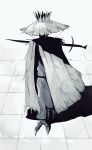  1boy absurdres cloak greyscale hat highres male_focus monochrome original shaded_face solo straw_hat sword talons toot walking weapon weapon_on_back 