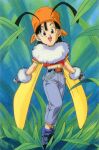  1990s_(style) 1girl antennae bandana black_eyes black_hair boots chain cropped_shirt denim dragon_ball dragon_ball_gt fingerless_gloves full_body gloves insect_wings jeans looking_at_viewer midriff navel official_art open_mouth pan_(dragon_ball) pants scan short_hair short_sleeves solo wings 