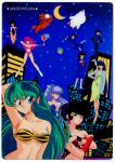  1980s_(style) 2boys 6+girls arm_behind_head arm_up bangs benten bikini black_eyes black_hair blue_eyes blue_hair brown_hair card_(medium) cat center_opening city copyright_name crescent_moon crossed_arms fujinami_ryuunosuke green_hair high_ponytail leotard long_hair looking_at_viewer lum mary_janes miyake_shinobu moon moroboshi_ataru multiple_boys multiple_girls night official_art oyuki_(urusei_yatsura) pink_hair pleated_skirt ran_(urusei_yatsura) retro_artstyle sakura_(urusei_yatsura) school_uniform shoes silver_hair skirt strapless strapless_bikini strapless_leotard swimsuit ten_(urusei_yatsura) tiger_stripes urusei_yatsura very_long_hair wristband 