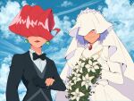  1boy 1girl alternate_hairstyle black_gloves black_jacket black_neckwear blue_hair bow bowtie bride closed_mouth clouds collared_shirt commentary crossdressinging cyndachoo day dress earrings english_commentary flower gloves highres jacket james_(pokemon) jessie_(pokemon) jewelry lipstick long_sleeves makeup pokemon pokemon_(anime) red_lips redhead shiny shiny_hair shirt sky smile team_rocket veil white_dress white_flower 