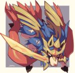  border claws commentary_request full_body gen_8_pokemon grey_background legendary_pokemon looking_to_the_side makoto_ikemu mouth_hold no_humans outside_border pokemon pokemon_(creature) shiny signature solo sword weapon white_border yellow_eyes zacian zacian_(crowned) 