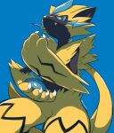  blue_background blue_eyes claws closed_mouth commentary_request fangs fangs_out furry gen_7_pokemon highres looking_at_viewer looking_down makoto_ikemu mythical_pokemon pokemon pokemon_(creature) signature simple_background solo yellow_fur zeraora 