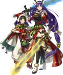  2girls altina animal_ears antlers bangs bell belt black_legwear blue_eyes blue_hair box breasts capelet closed_mouth deer_ears fake_animal_ears fire_emblem fire_emblem:_radiant_dawn fire_emblem_heroes fur_trim gift gift_box gloves glowing glowing_weapon hair_ornament hat headband highres holding holding_sword holding_weapon kita_senri long_hair looking_at_viewer low-tied_long_hair medium_breasts multiple_girls official_art open_toe_shoes pom_pom_(clothes) purple_hair red_gloves reindeer_antlers sanaki_kirsch_altina santa_hat smile standing sword thigh-highs tied_hair transparent_background weapon white_footwear white_gloves wide_sleeves yellow_eyes 