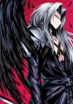  1boy black_jacket black_wings blue_eyes final_fantasy final_fantasy_vii from_side grey_hair highres jacket leaning_back long_hair looking_at_viewer looking_down pectorals red_background sephiroth shimure_(460) single_pauldron single_wing smirk solo wings 