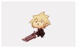  1boy blonde_hair boots buster_sword chibi cloud_strife final_fantasy final_fantasy_vii grey_background looking_up nin_nakajima simple_background single_sleeve solo spiky_hair squinting super_smash_bros. 