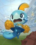  blue_skirt brionne cheerleader commentary_request crying from_below gen_1_pokemon gen_7_pokemon gen_8_pokemon grass highres holding holding_pom_poms inkune lizard looking_to_the_side open_mouth pleated_skirt pokemon pokemon_(creature) pom_poms skirt sobble soccer squirtle tears tongue 