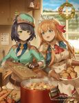  2girls :d armor artist_name ascot bangs black_gloves black_hair blue_eyes blue_shirt breasts brown_gloves brown_hair cabbie_hat christmas_wreath closed_mouth collared_shirt commentary cooking crossover cutting_board day dragalia_lost drooling english_commentary eyebrows_visible_through_hair fingerless_gloves gloves green_eyes green_headwear green_jacket hair_between_eyes hat hentaki holding holding_knife holding_plate indoors jacket knife long_hair long_sleeves medium_breasts mitsuba_(dragalia_lost) multiple_girls open_mouth pauldrons pecorine_(princess_connect!) plate pot princess_connect! princess_connect!_re:dive puffy_short_sleeves puffy_sleeves red_neckwear saliva shirt short_hair short_sleeves shoulder_armor shrug_(clothing) single_pauldron skirt smile tiara very_long_hair watermark web_address white_skirt window 