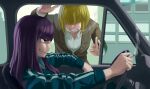  2girls alice_margatroid alternate_costume bangs blazer blonde_hair blue_jacket brown_jacket car_interior cigarette clenched_teeth closed_mouth commentary_request cookie_(touhou) eyebrows_visible_through_hair grand_theft_auto grand_theft_auto:_san_andreas hair_over_eyes highres jacket jigen_(cookie) long_hair looking_at_another megafaiarou_(talonflame_810) multiple_girls ok_sign patchouli_knowledge purple_hair shirt short_hair sitting smile smoking standing taisa_(cookie) teeth touhou track_suit upper_body violet_eyes white_shirt 
