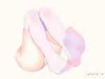  1girl bei_qi beige_background dated feet legs no_shoes original panties shiny shiny_skin simple_background soles solo thigh-highs underwear white_legwear white_panties 