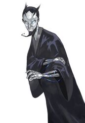  1boy absurdres android black_clothes black_hair blue_eyes facial_hair goatee hair_slicked_back highres japanese_clothes kimono long_sleeves male_focus original simple_background skeletal_arm solo string toot white_background wide_sleeves 