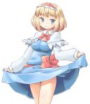  1girl alice_margatroid arnest bangs blonde_hair blue_dress blue_eyes bow bowtie capelet closed_mouth collared_dress commentary dress eyebrows_visible_through_hair frilled_hairband frills hairband lifted_by_self long_sleeves looking_at_viewer medium_dress red_bow red_hairband red_neckwear red_sash sash short_hair simple_background skirt skirt_lift smile solo standing touhou white_background white_capelet 
