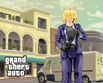  1girl absurdres alice_margatroid alternate_costume balcony bangs black_hair blazer blonde_hair blue_jacket blue_pants building bullet bullet_hole clouds collared_shirt commentary_request cookie_(touhou) copyright_request cowboy_shot grand_theft_auto ground_vehicle gun hair_over_eyes handgun highres holding holding_gun holding_weapon house jacket jigen_(cookie) kevlar_vest looking_at_viewer mansion megafaiarou_(talonflame_810) motor_vehicle pants revolver shirt shirt_pull short_hair sky solo standing tongue tongue_out touhou van weapon white_shirt window 