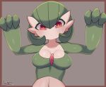  1girl absurdres arms_up artist_name bangs blush bob_cut border breasts brown_background brown_border closed_mouth collarbone colored_skin commentary english_commentary engrish_commentary gardevoir gen_3_pokemon green_hair green_skin hair_between_eyes highres looking_down medium_breasts multicolored multicolored_skin outside_border pokemon pokemon_(creature) red_eyes ryuusui_arumo shiny shiny_hair shiny_skin short_hair signature simple_background solo sweat two-tone_skin upper_body white_skin 