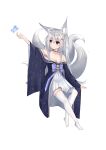  1girl :o absurdres animal animal_ear_fluff animal_ears arm_up azur_lane bangs bare_shoulders black_choker black_kimono blue_eyes bug butterfly choker collarbone dress eyebrows_visible_through_hair fox_ears fox_girl fox_tail full_body hair_between_eyes hair_ornament highres insect japanese_clothes kimono kitsune long_hair long_sleeves looking_away looking_to_the_side nagato-chan no_shoes parted_lips pleated_dress shinano_(azur_lane) silver_hair simple_background solo tail thigh-highs very_long_hair white_background white_dress white_legwear wide_sleeves younger 