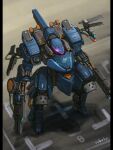  bottoms1237 dual_wielding from_above glowing glowing_eyes gun highres holding holding_gun holding_weapon looking_ahead mecha no_humans original science_fiction solo standing violet_eyes weapon 