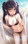  1girl absurdres ass_visible_through_thighs bare_arms bare_shoulders beach bikini black_bikini black_choker black_hair blue_eyes breasts choker collarbone genshin_impact halterneck highres holding long_hair looking_at_viewer medium_breasts mona_(genshin_impact) navel outdoors parted_lips side-tie_bikini solo standing string_bikini sunhyun swimsuit thighs towel twintails water 