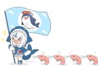  &gt;_&lt; 1girl :d animal animal_hood bangs bloop_(gawr_gura) blue_footwear blue_hair blue_hoodie blush closed_eyes commentary drawstring english_commentary eyebrows_visible_through_hair fish_tail flag gawr_gura heart holding holding_flag hololive hololive_english hood hood_up hoodie kurotofu long_sleeves multicolored_hair notice_lines open_mouth shark_hood shark_tail sharp_teeth shoes short_eyebrows shrimp silver_hair sleeves_past_fingers sleeves_past_wrists smile solo stitches streaked_hair tail teeth thick_eyebrows twitter_username virtual_youtuber walking white_background xd 