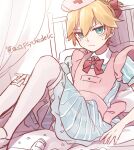  1boy apron aqua_eyes bed blonde_hair blue_dress bottle commentary cross crossdressinging dress frown hat highres kagamine_len knees_up looking_at_viewer male_focus nurse nurse_cap pink_apron pink_legwear short_ponytail sitting solo song_name soramame_pikuto striped striped_dress sweat thigh-highs v-shaped_eyebrows vocaloid 