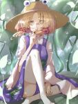  1girl bangs blonde_hair breasts brown_headwear closed_mouth dress eyebrows_visible_through_hair eyes_visible_through_hair finger_to_mouth foot_out_of_frame gumi_(fwjn7284) hair_over_eyes hat highres knee_up leaf looking_at_viewer moriya_suwako parted_bangs purple_dress pyonta shirt short_hair sidelocks sitting small_breasts smile solo thigh-highs touhou turtleneck underwater white_legwear white_shirt wide_sleeves yellow_eyes 