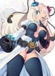  1girl bangs black_gloves black_legwear blonde_hair blue_eyes blunt_bangs blush breasts character_request copyright_request detached_sleeves eyebrows_visible_through_hair gloves heart highres iroyopon large_breasts long_hair long_sleeves looking_at_viewer solo thigh-highs 