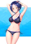  1girl armpits arms_up bikini blue_hair breasts earrings hayami_kanade highres idolmaster idolmaster_cinderella_girls jewelry large_breasts looking_at_viewer navel short_hair shougun_(chuckni1) smile solo swimsuit yellow_eyes 