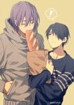  ! 2boys bag baguette bangs black_eyes black_hair blue_shirt blush bread collarbone commentary_request eating food grey_jacket grocery_bag hair_between_eyes hair_over_one_eye hand_in_pocket height_difference himuro_tatsuya holding holding_bag hood hooded_jacket jacket kuroko_no_basuke long_sleeves looking_at_another looking_up male_focus mashima_shima mole mole_under_eye multiple_boys murasakibara_atsushi paper_bag parted_lips purple_hair shirt shopping_bag short_hair simple_background speech_bubble spoken_exclamation_mark standing twitter_username upper_body violet_eyes yellow_background 