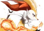 1girl animal_ear_fluff animal_ears arm_up artist_name braixen commentary english_commentary fire fox_ears fox_tail from_side gen_6_pokemon highres holding holding_stick ikei jpeg_artifacts mixed-language_commentary open_mouth pokemon pokemon_(creature) profile red_eyes running signature simple_background solo stick tail upper_body white_background 