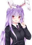  1girl :d animal_ears black_jacket blush commentary_request dress_shirt eyebrows_visible_through_hair hair_between_eyes highres index_finger_raised jacket long_hair looking_at_viewer nanase_nao necktie open_mouth purple_hair purple_neckwear rabbit_ears red_eyes reisen_udongein_inaba shiny shiny_hair shirt sidelocks simple_background smile solo suit_jacket touhou upper_body upper_teeth very_long_hair white_background white_shirt 