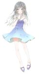  1girl anklet bangs blue_dress blush dress eyebrows_visible_through_hair finger_to_mouth green_eyes grey_hair hair_ornament highres hiro_(hirohiro31) jewelry long_hair looking_at_viewer original solo star_(symbol) star_hair_ornament strap_slip white_background 