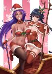  bleach breast_envy breasts brown_legwear christmas dark_skin hair_ornament hat highres large_breasts long_hair looking_at_viewer panties purple_hair red_legwear sakuya_(liao_kj) santa_costume santa_hat shihouin_yoruichi small_breasts sui-feng tan thigh-highs underwear white_panties wife_and_wife 