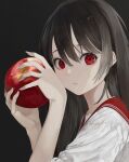  1girl absurdres apple bangs black_hair expressionless eyebrows_behind_hair food fruit highres holding holding_food holding_fruit long_hair looking_at_viewer mile_(mil2) original red_eyes sailor_collar short_sleeves solo uniform upper_body 